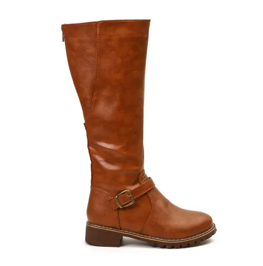 Brown knee-high boot with a buckle on a white background